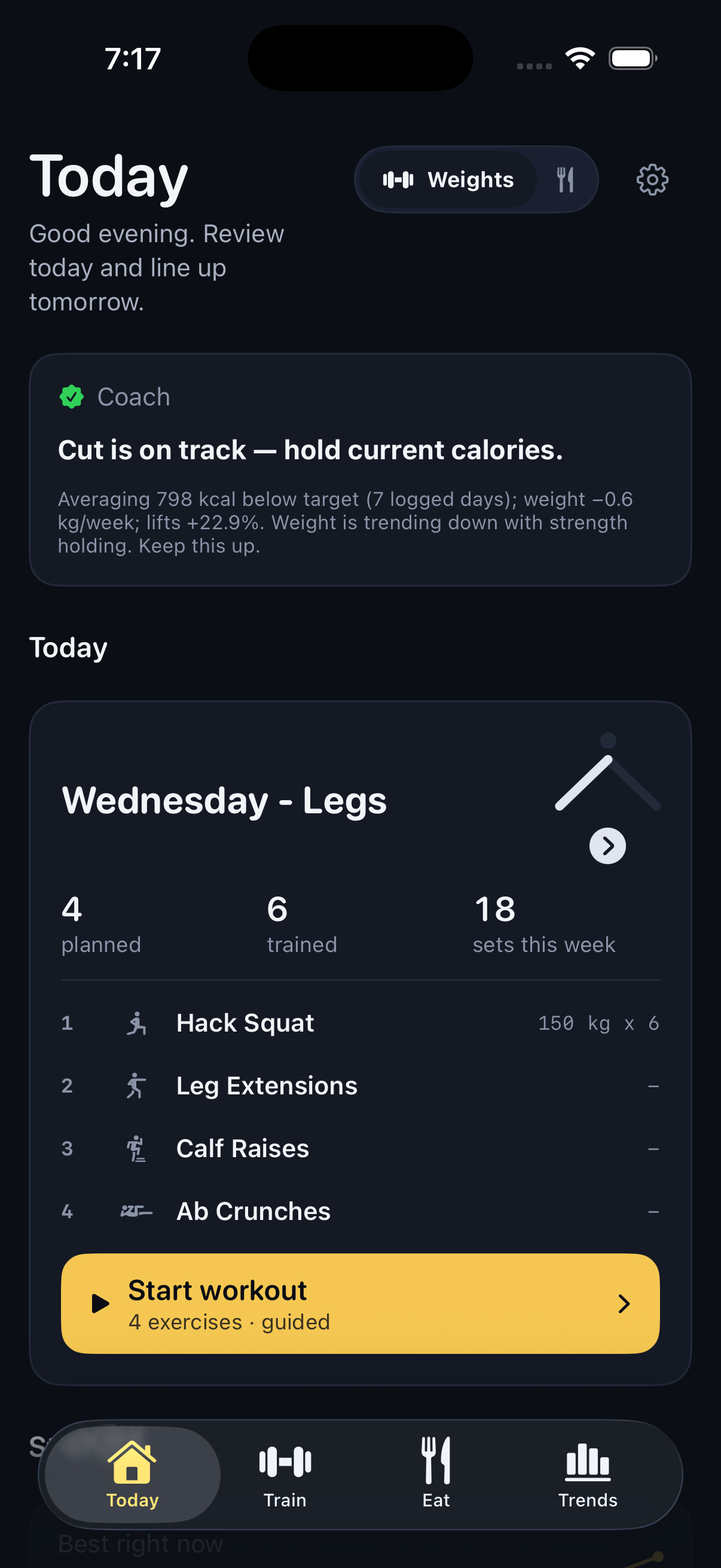 The Atlas dashboard: a coach card reading 'Cut is on track, hold current calories', and today's Legs session with four exercises and a Start workout button.