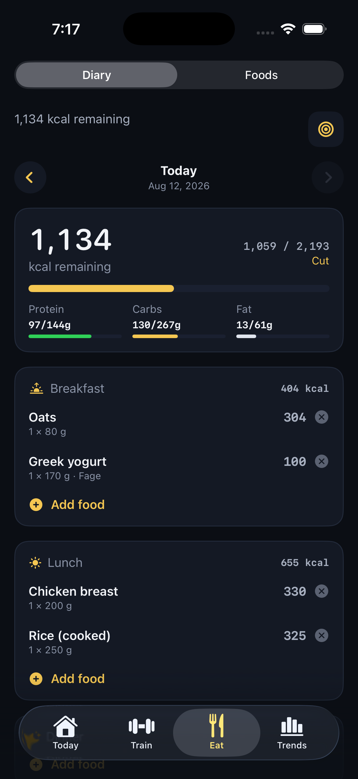 The Atlas food diary: 1,134 kcal remaining against a 2,193 target, with protein, carbs and fat bars and logged meals.