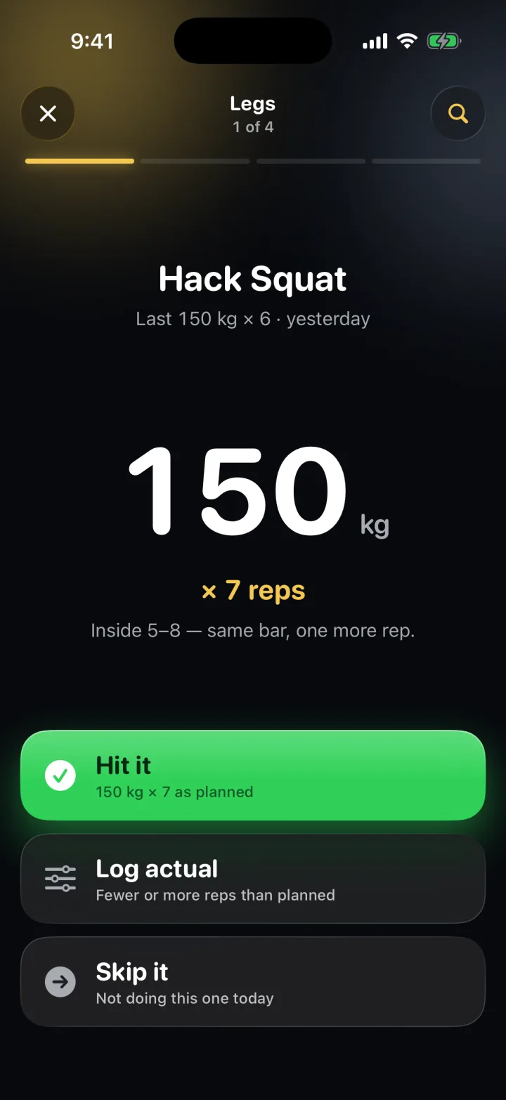 The guided set on Hack Squat: 150 kg, times 7 reps, and the reason in one line.