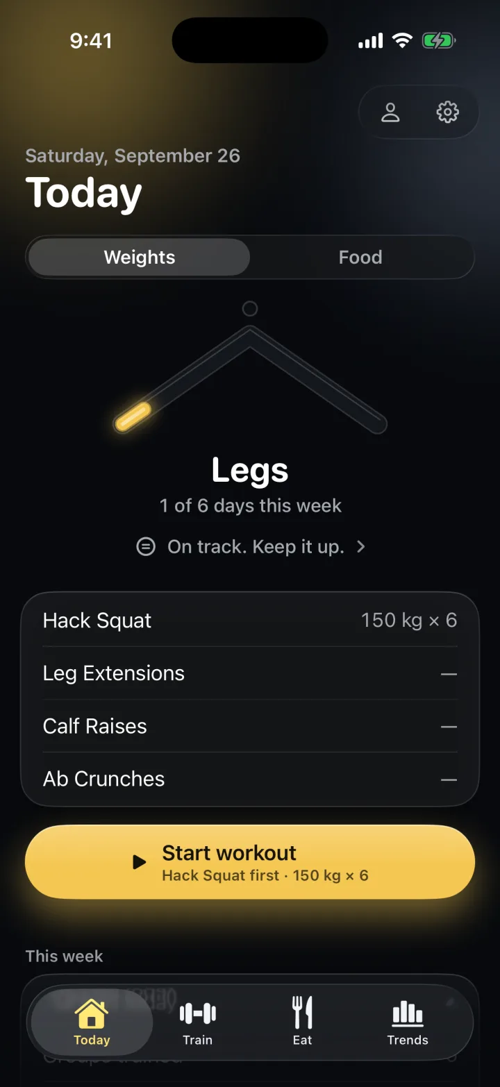 Today in Weights mode: the Peak, Legs, the coach line, the day's four exercises and Start workout.